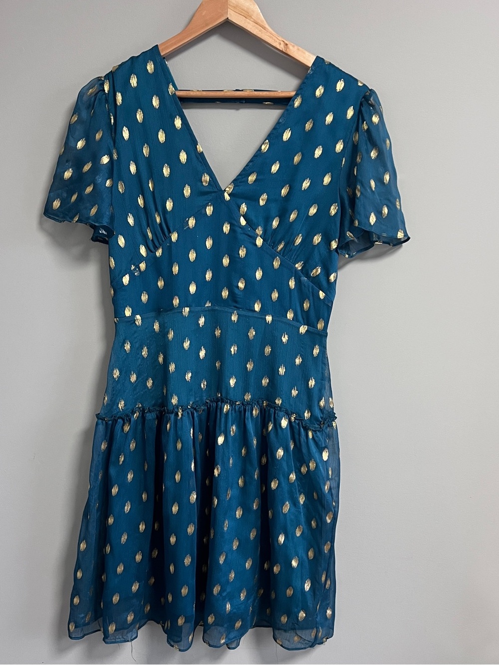 Francesca's Collections Del-Mar Teal Gold Polka Dot Chiffon Mini Dress Medium